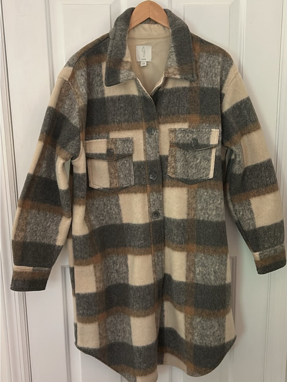 Joie Cream, Gray & Brown Plaid Wool-Blend shacket - Picture 2 of 2